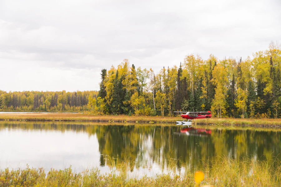 Float plane tied at a dock on a still lake ringed by autumn birch and spruce