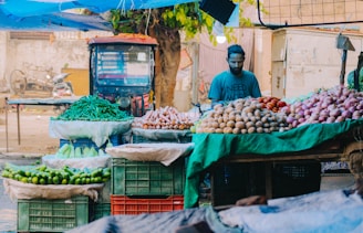 A person stands behind a market stall displaying a wide variety of fresh vegetables including cucumbers, green beans, potatoes, carrots, tomatoes, and onions. The stall is covered with green cloths and is situated outdoors, with a tree and a vehicle visible in the background. The atmosphere suggests an open-air market setting.