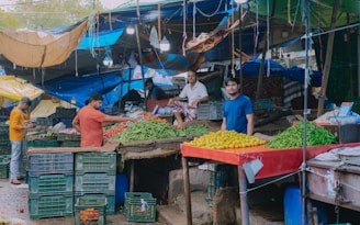A bustling market scene with several vendors displaying fresh produce. Colorful awnings and tarps cover the stalls, providing shelter. Crates of vegetables such as green beans, yellow tomatoes, and others are prominently displayed. People interact around the stalls, with one vendor standing near a table filled with produce.