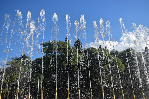 Close-up of water jets cleaning a stone terrace with green surroundings in the background.