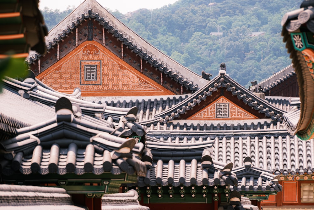 the roof of a building with a mountain in the background