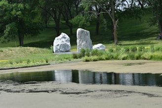 In a serene, grassy park area surrounded by trees, multiple large white rocks stand prominently near a tranquil pond. The rocks have red inscriptions on them. The setting is natural and peaceful with lush greenery all around.