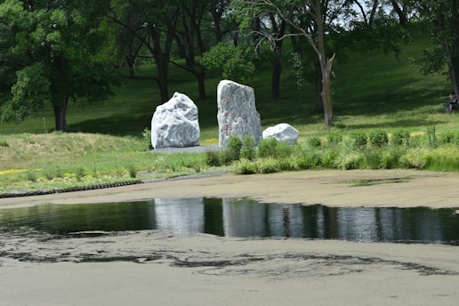 In a serene, grassy park area surrounded by trees, multiple large white rocks stand prominently near a tranquil pond. The rocks have red inscriptions on them. The setting is natural and peaceful with lush greenery all around.