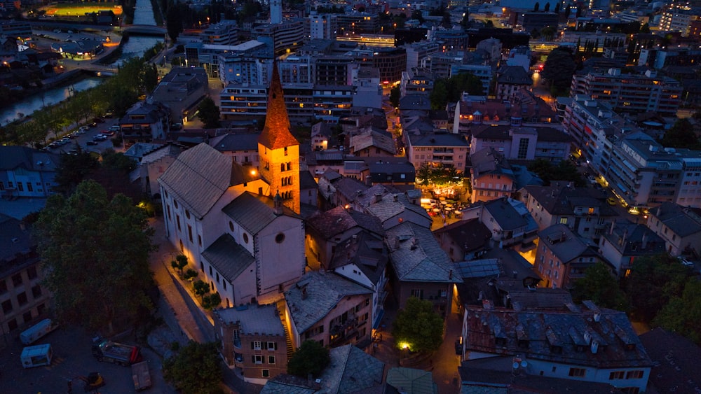 an aerial view of a city at night