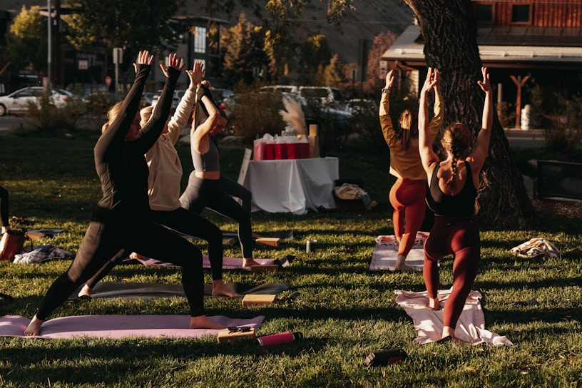 A group of elderly people engaging in a yoga class outdoors.