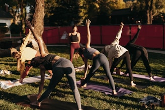 a group of people doing yoga in a park