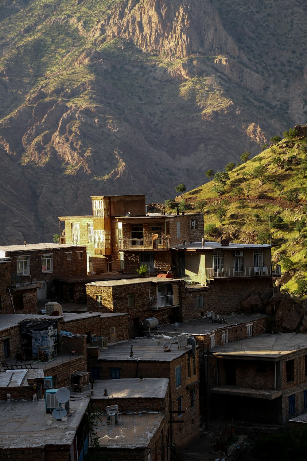 a view of a city with mountains in the background