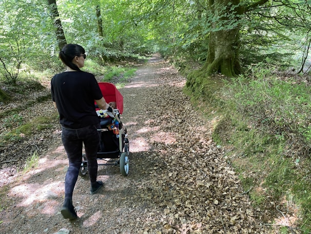 A sturdy all-terrain stroller navigating a forest trail with a smiling toddler.