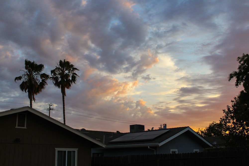 a sunset with clouds and palm trees in the foreground