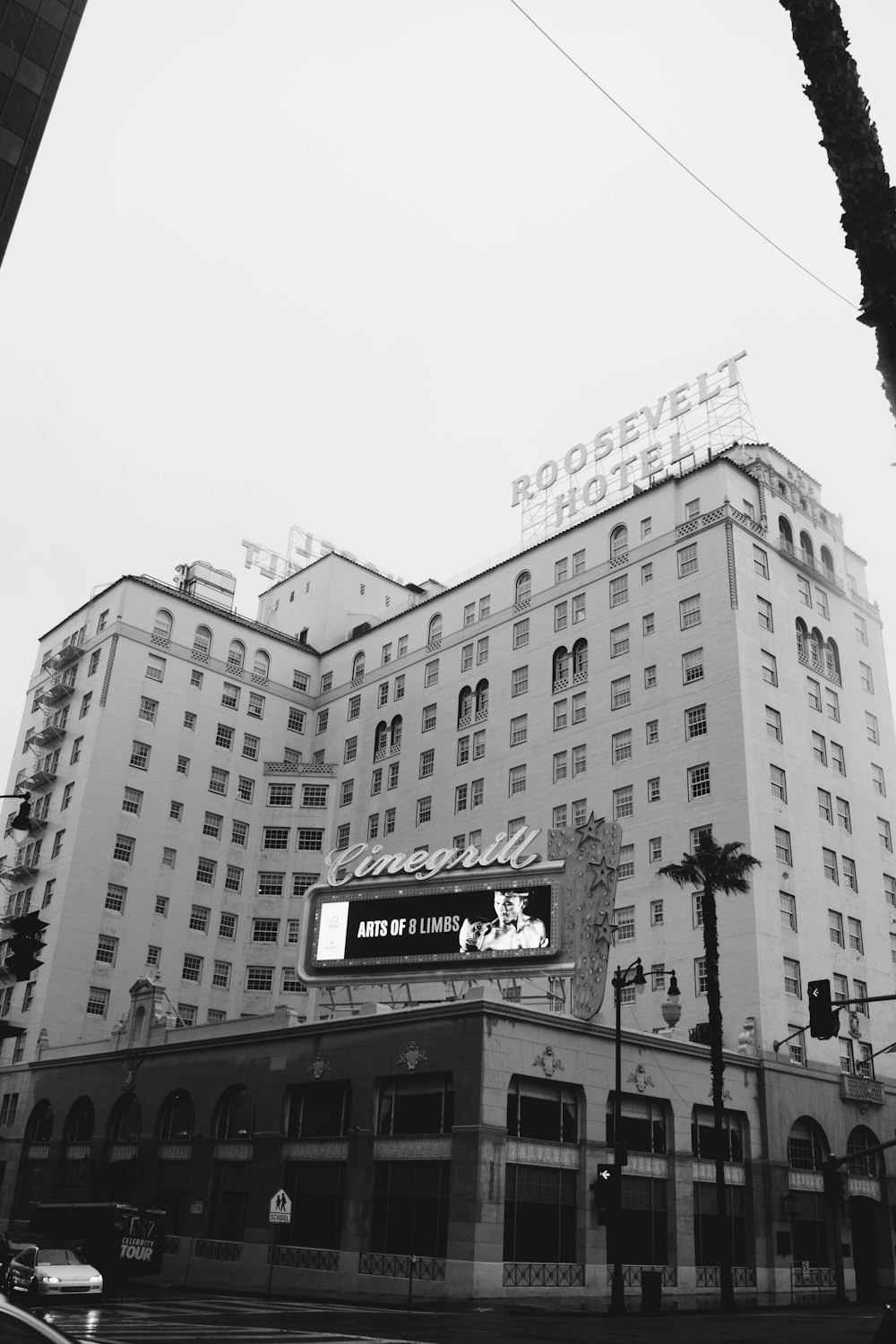 a black and white photo of a hotel