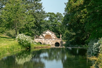 A serene outdoor scene showcasing a beautifully designed structure.