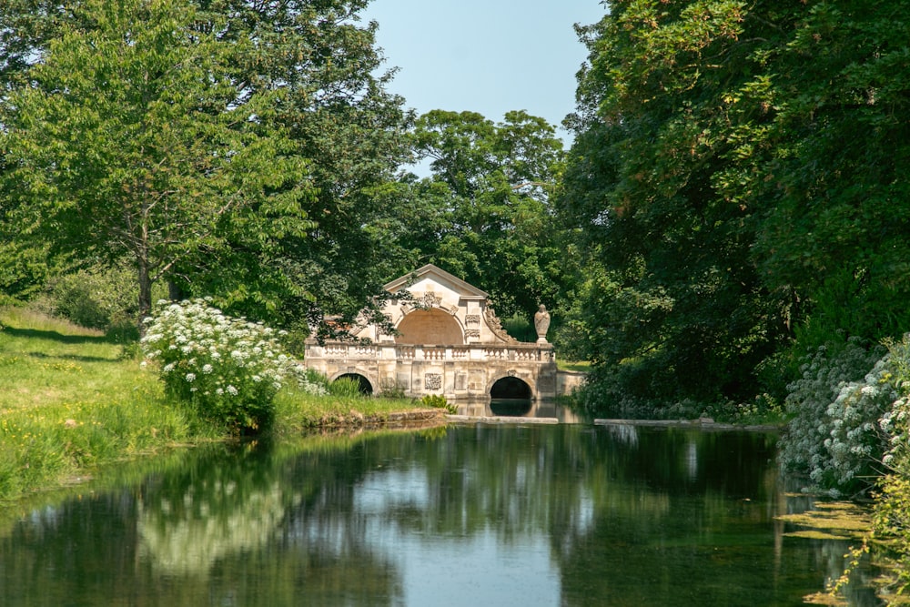 ein Teich, umgeben von Bäumen und einer Brücke
