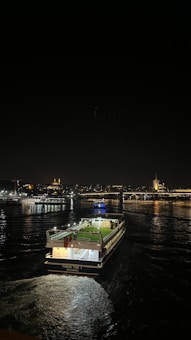 A ferry is traveling on a dark body of water at night. The city skyline is illuminated in the background, featuring prominent landmarks with their lights reflecting off the water's surface. The ferry has a well-lit deck and is making a gentle wake as it moves.