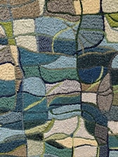 A mosaic pattern consisting of numerous small, colorful beads arranged into abstract, flowing shapes. The composition features interconnected curves and segments, creating an intricate and detailed tapestry-like design. Various shades of blue, green, brown, and beige are prominently featured, blending harmoniously throughout the design.