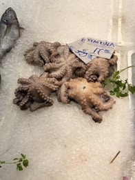 Several octopuses are displayed on a bed of ice with a sign indicating their price. A fish is placed to the left side and some parsley is visible near the octopuses. The scene suggests a fish market or seafood display.