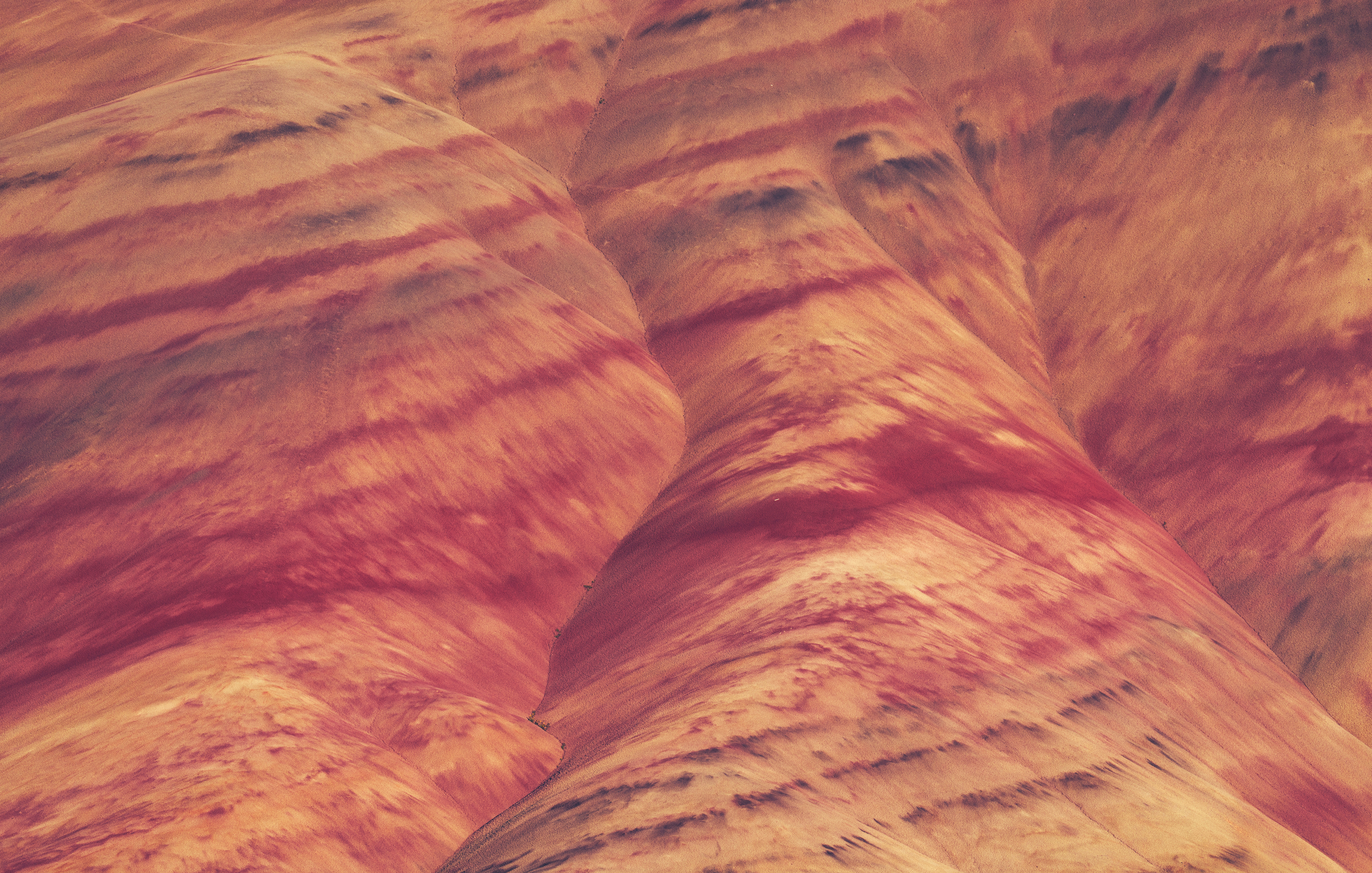 a group of hills that have red and yellow paint on them, There aren’t nearly enough closeup photos of the Painted Hills or similar formations in Central Oregon. For the record, there are many “painted hills” in this area—it’s not just confined to the main Painted Hills monument. The surface of these hills is a soft, spongy soil, which is what gives it those amazing contours. I recommend visiting in late Spring. Fewer tourists, cooler weather, and all the flowers are coming into bloom and the grass is still green. Color overload!