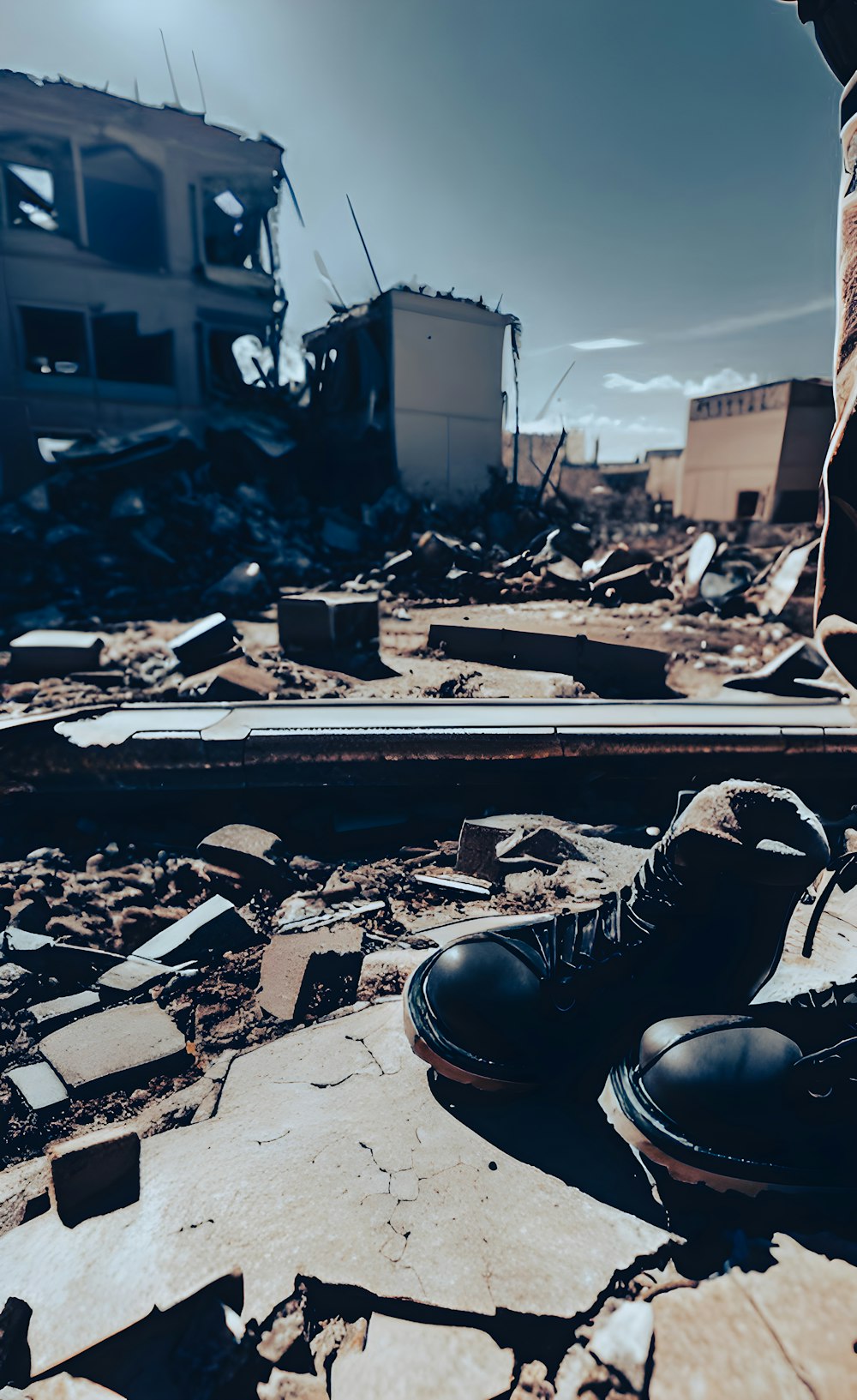 a pair of black shoes sitting on top of a pile of rubble