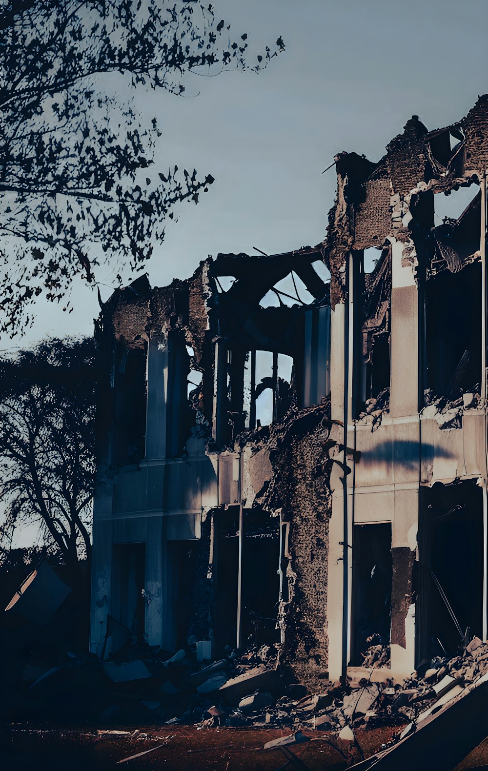 a building that has been torn down with a tree in the foreground
