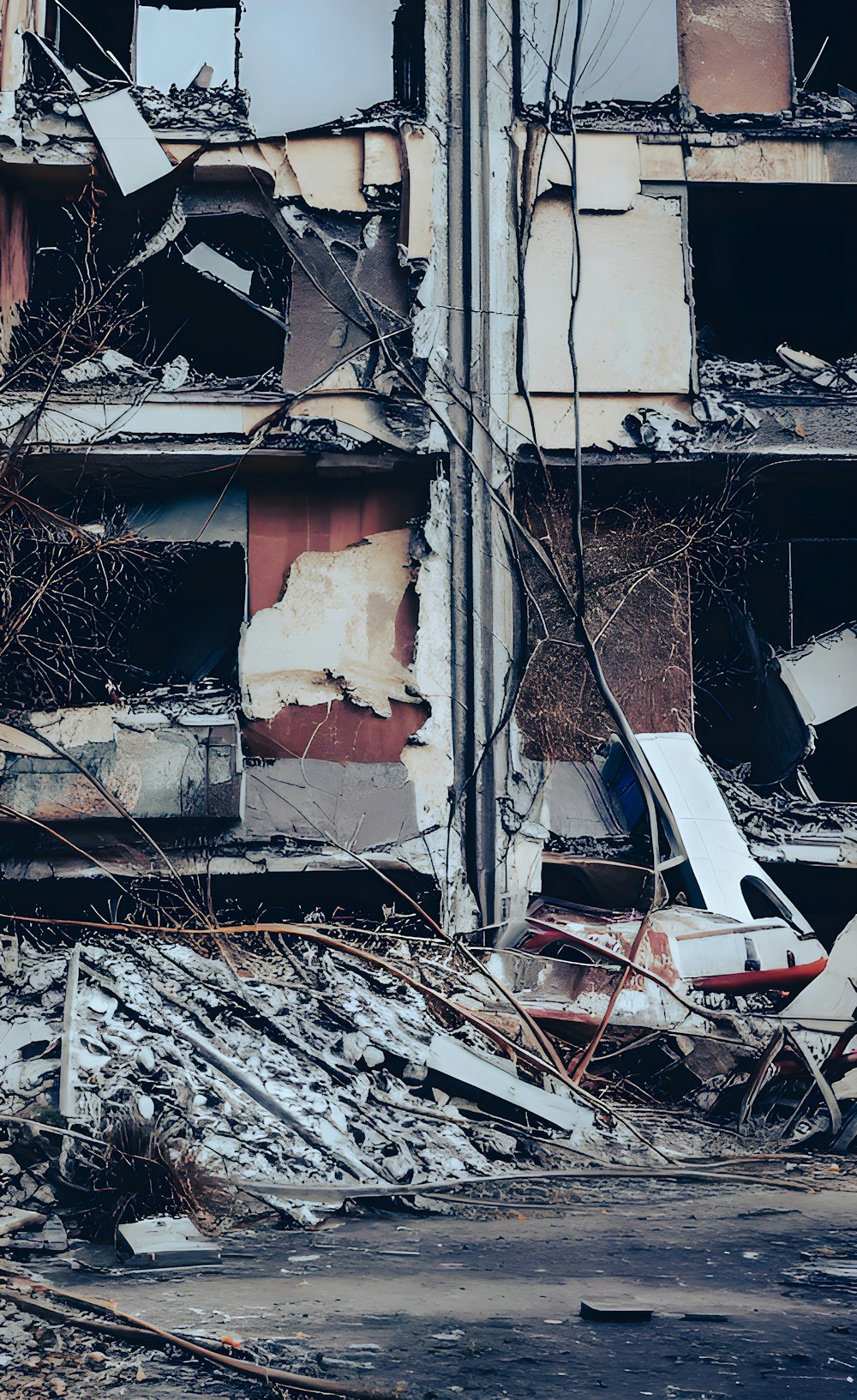 a run down building with broken windows and debris