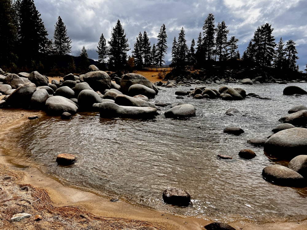 a body of water surrounded by rocks and trees