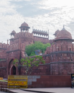 The image features an ancient red sandstone fort with intricate architectural details, including domes and arched gateways. The fort is surrounded by lush green foliage and a clear sky with scattered clouds. A yellow barrier marked 'Delhi Police' is visible in the foreground, along with a tree bearing flowers.