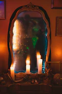 A glowing smart mirror reflecting a cozy room with digital overlays.