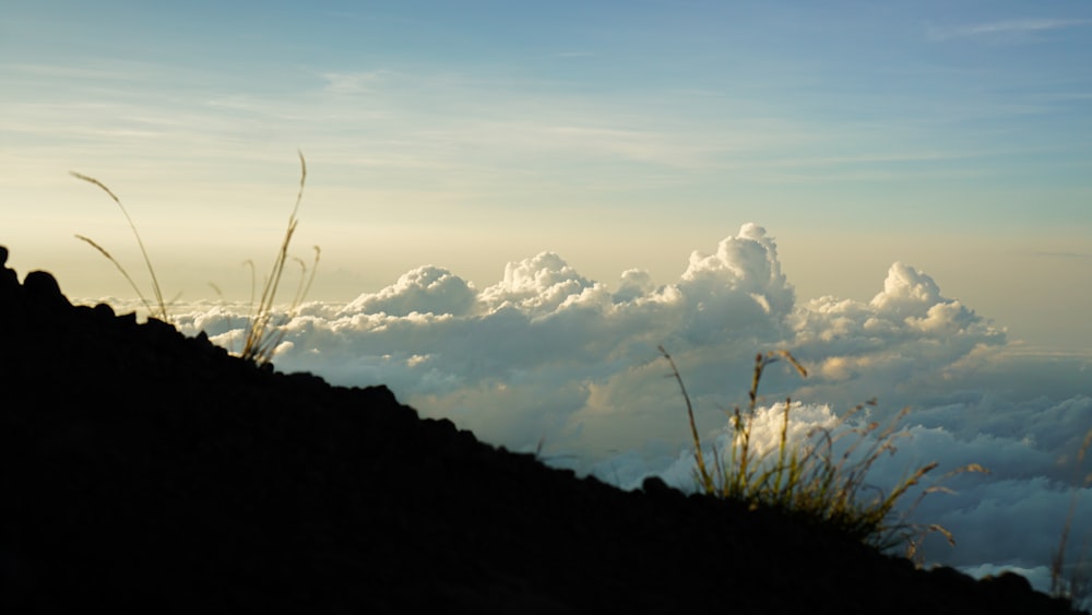 a person sitting on top of a hill with a sky background