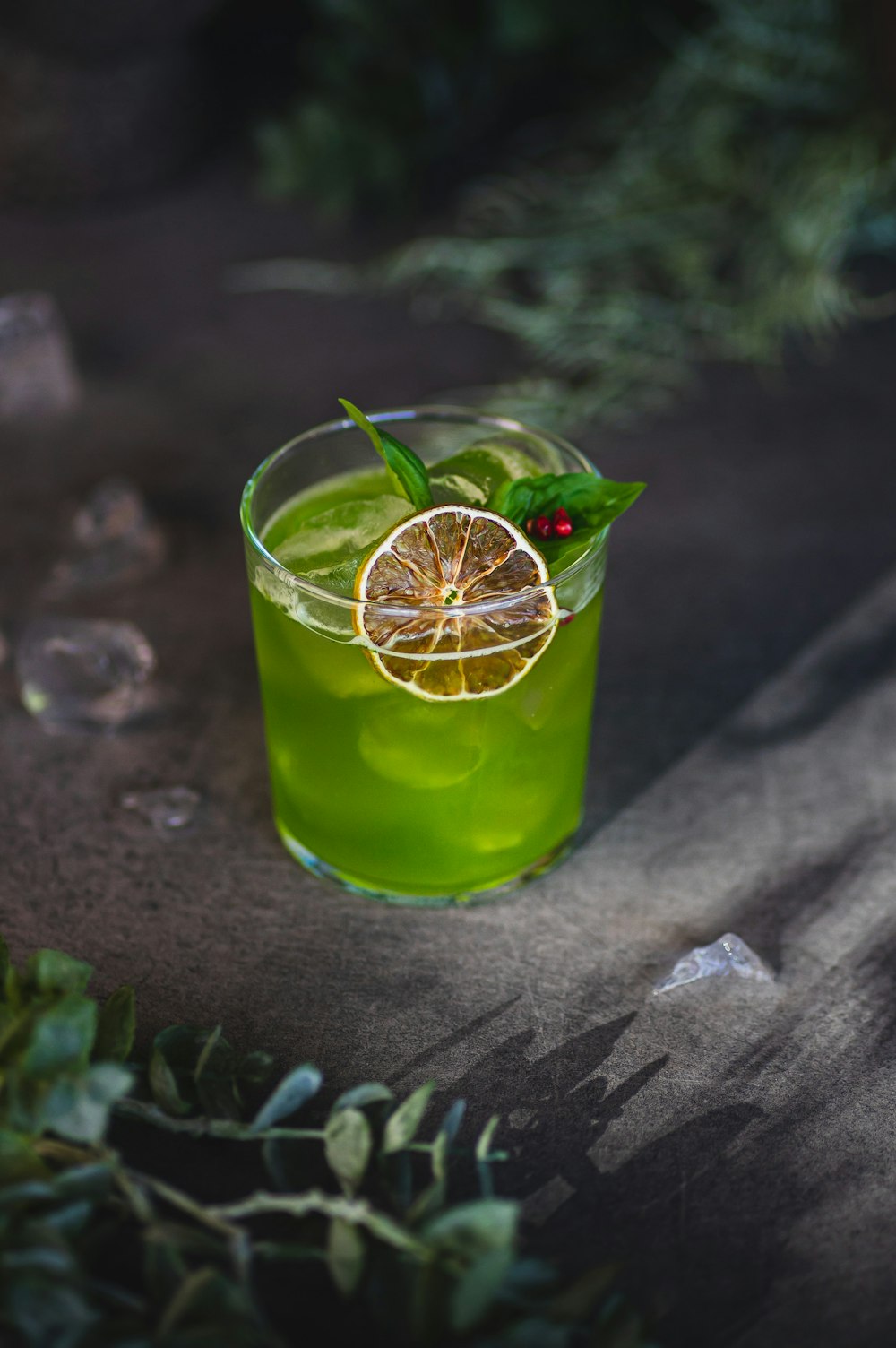 a green drink with a slice of lemon on the rim