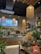 A lush indoor plant shop with a variety of greenery displayed on tables and shelves. The shop features an earthy and welcoming design, with wooden elements and wicker light fixtures hanging from the ceiling. A neon sign on the brick wall reads 'Grow your dreams...' adding a motivational touch. The space is filled with different types of plants, pots, and garden accessories, creating a vibrant and inviting atmosphere.