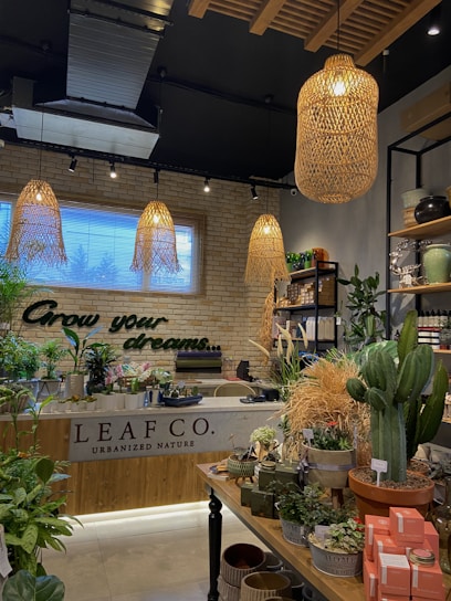 A lush indoor plant shop with a variety of greenery displayed on tables and shelves. The shop features an earthy and welcoming design, with wooden elements and wicker light fixtures hanging from the ceiling. A neon sign on the brick wall reads 'Grow your dreams...' adding a motivational touch. The space is filled with different types of plants, pots, and garden accessories, creating a vibrant and inviting atmosphere.