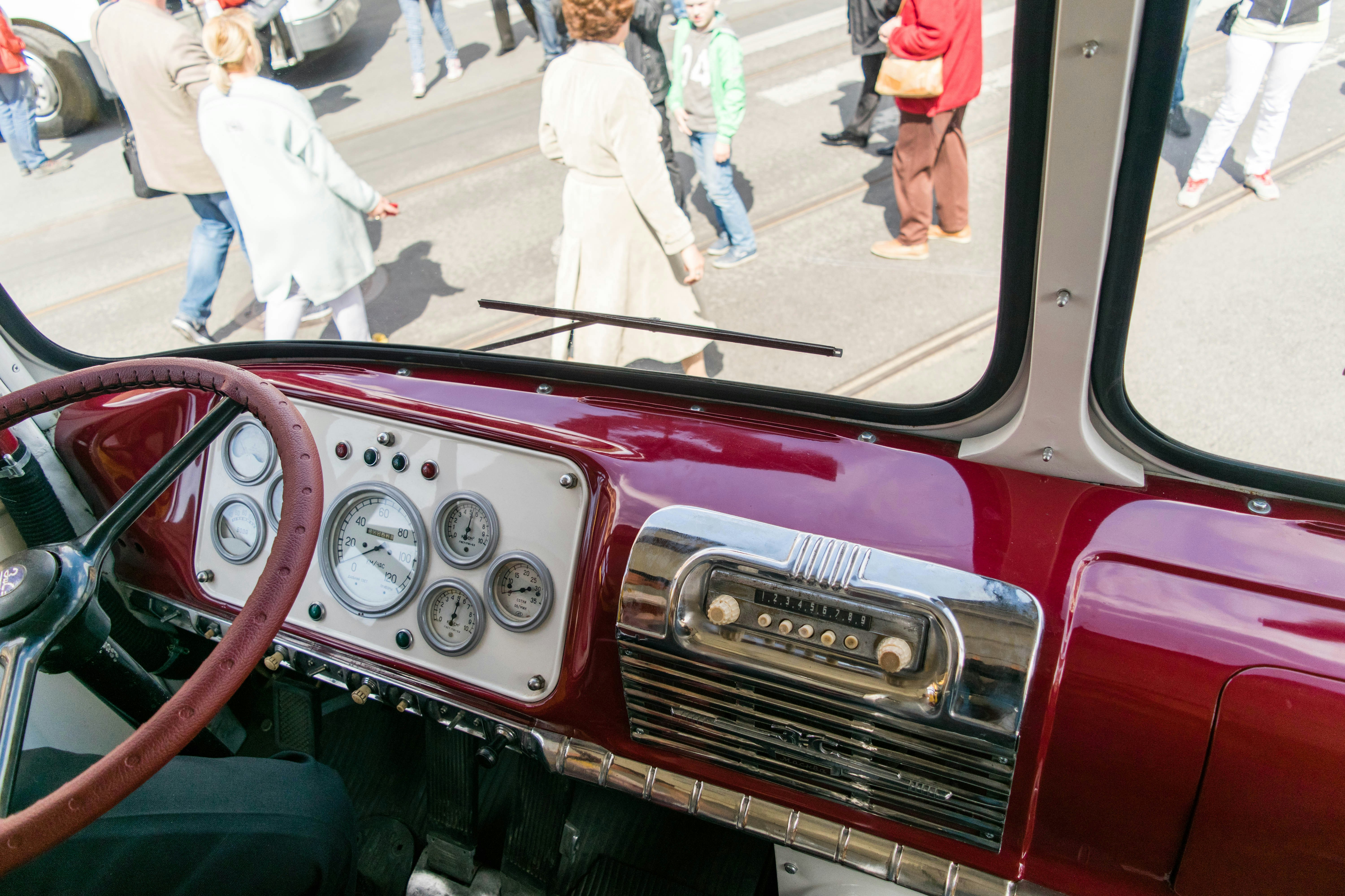 A view from inside a bus of people walking on the street photo – Free ...