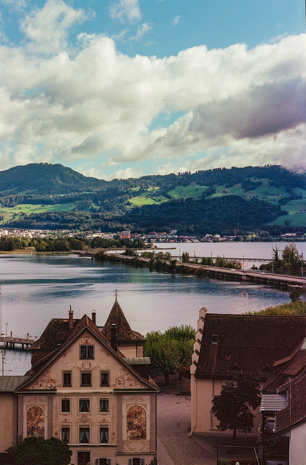 a large body of water sitting next to a town