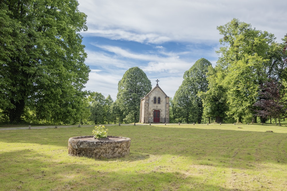 a church surrounded by trees in a field