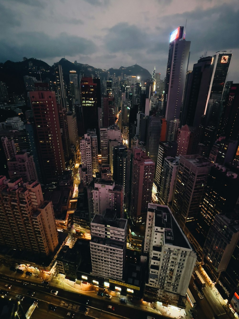 an aerial view of a city at night