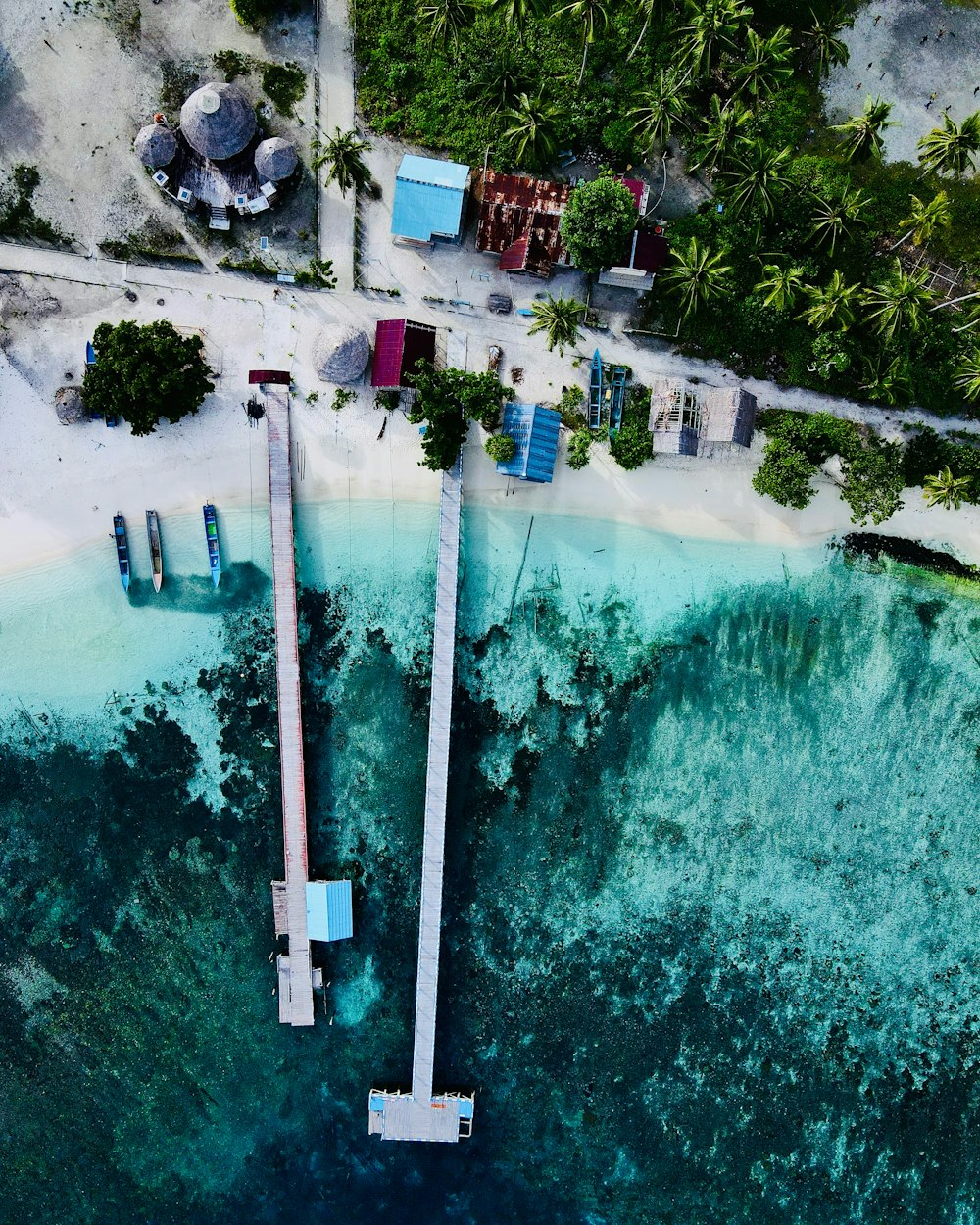 una vista aerea di una spiaggia con un molo