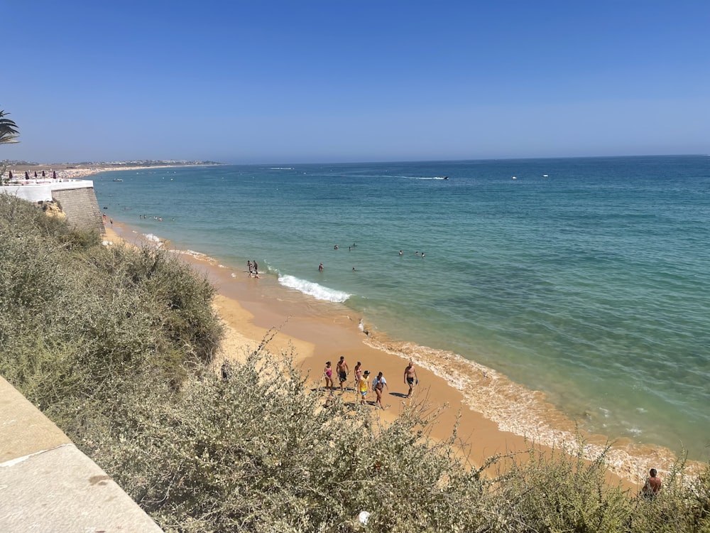 a group of people standing on top of a sandy beach