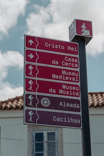 A tall signpost with several red directional signs pointing to various locations, including Cristo Rei and Casa da Cerca. Each sign has icons indicating walking directions. A smaller overhead sign shows a graphic of a person walking.