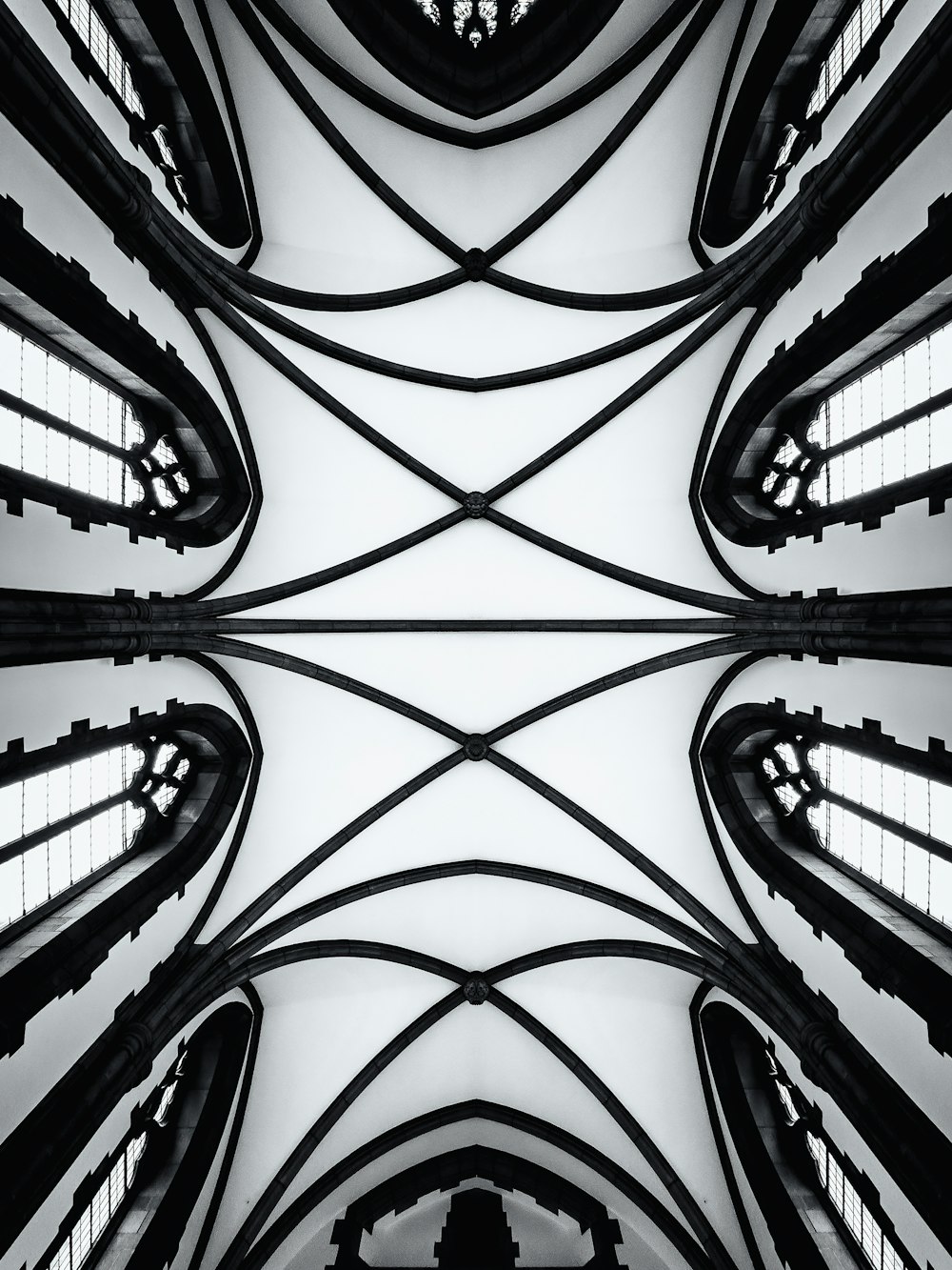 a black and white photo of a cathedral ceiling