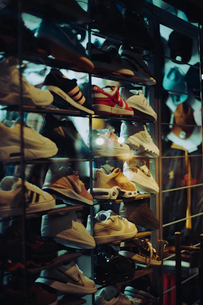 a display case filled with lots of shoes