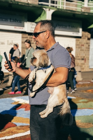 A man wearing sunglasses holds a small, fluffy dog in his arms while looking at his smartphone. The background includes other people walking by and some partially visible signs.