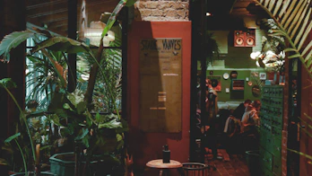 A cozy jazz house interior with warm lighting and vintage instruments.