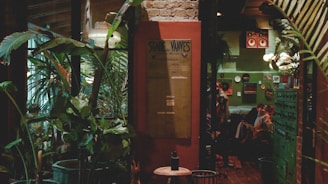 A cozy, dimly-lit interior with lush green plants and a vintage atmosphere. People are gathered inside a room that features retro speakers and eclectic wall decor. Warm lighting adds to the intimate ambiance.