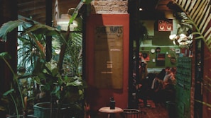A cozy, dimly-lit interior with lush green plants and a vintage atmosphere. People are gathered inside a room that features retro speakers and eclectic wall decor. Warm lighting adds to the intimate ambiance.