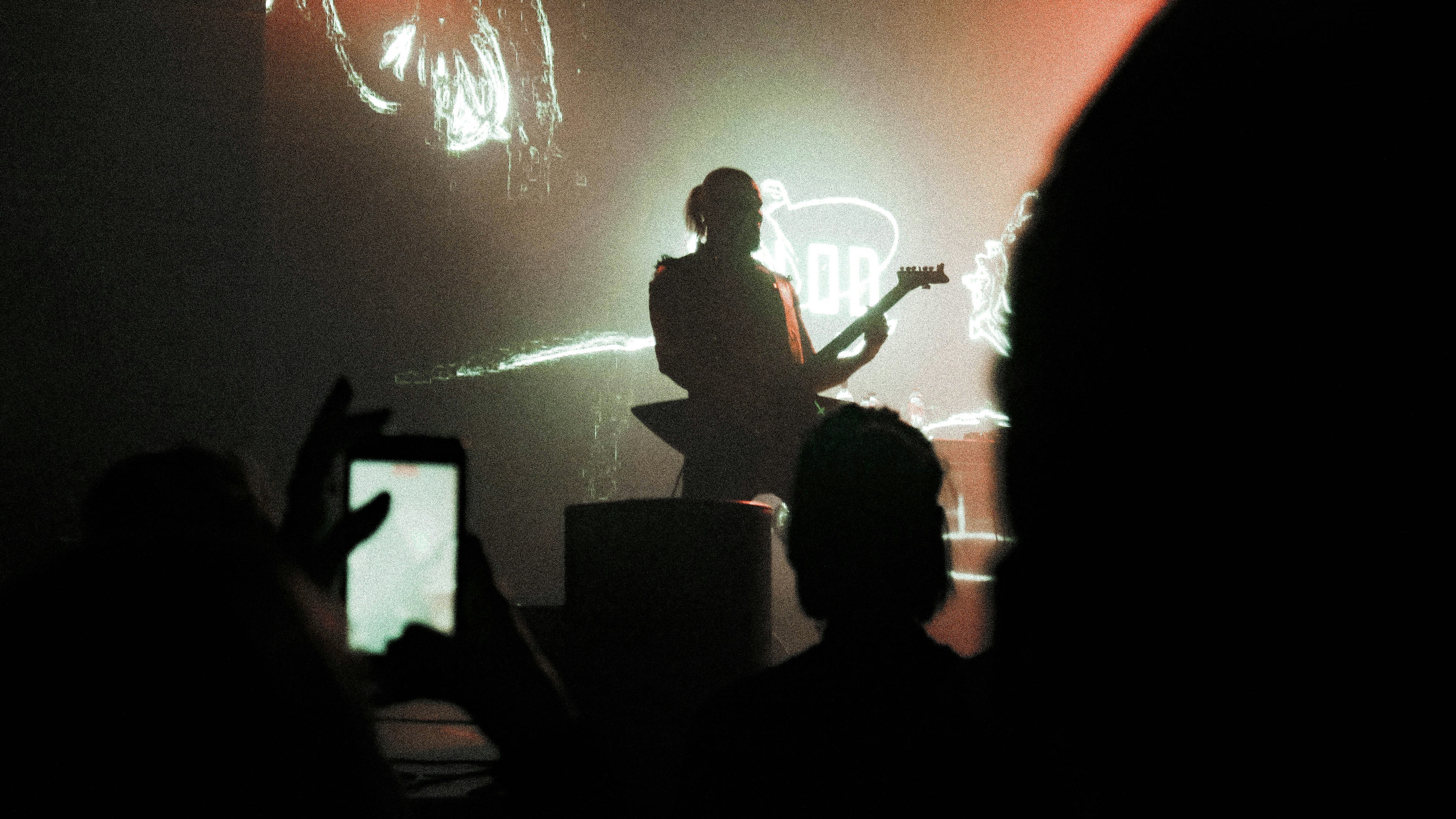 a person playing a guitar in front of a crowd