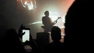 Silhouetted guitarist performing on stage with electric blue backlight.