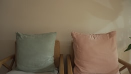 Two wooden chairs are positioned side by side, each with a large cushion. The cushion on the left is a soft green color, while the one on the right is a muted pink. A faint shadow is cast on the wall behind them, and a green plant leaf is partially visible on the right side of the image.