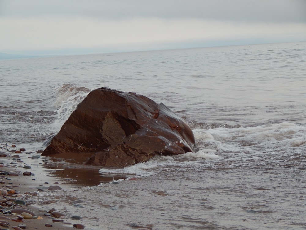 ein großer Felsen, der auf einem Sandstrand sitzt