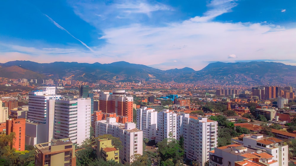 a view of a city with mountains in the background