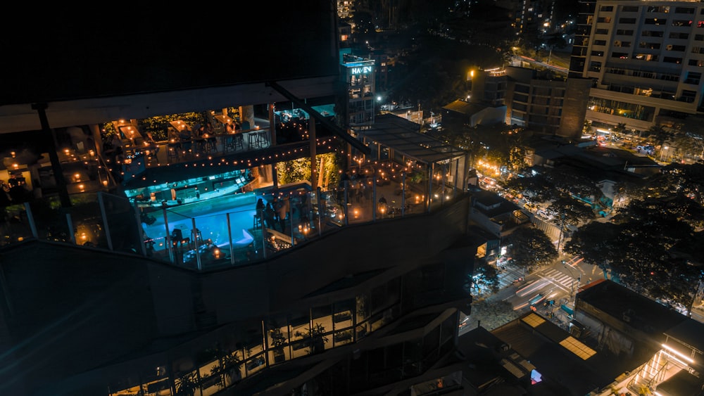 an aerial view of a city at night