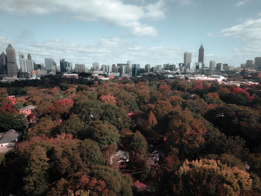 an aerial view of a city with trees in the foreground